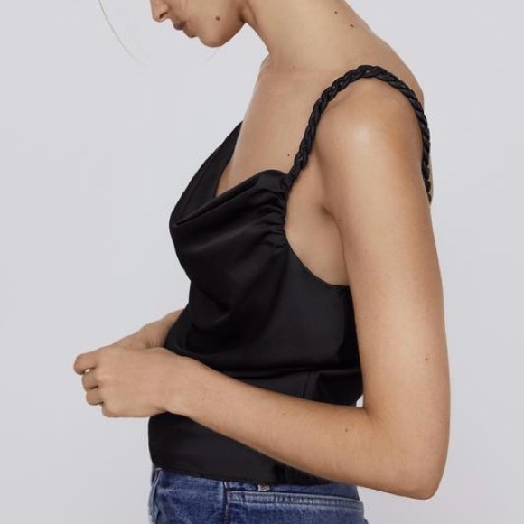 ZARA black satin plunge cowl neck top with beaded straps - Picture 3 of 8